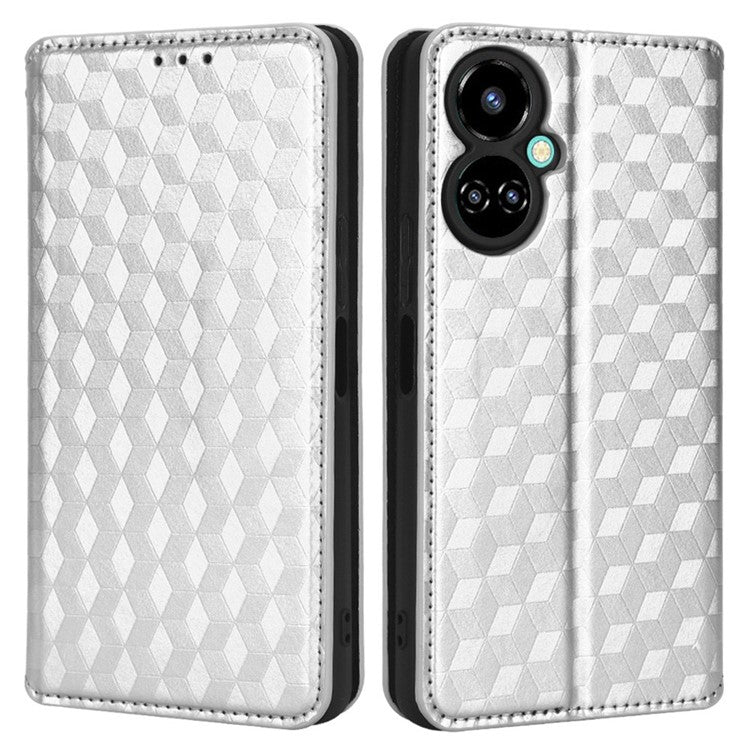 Flip Wallet Cover for TECNO Camon 19 Pro 4G / 5G, Impact Resistant PU Leather Stand Imprinting Rhombus Pattern Phone Case - Silver