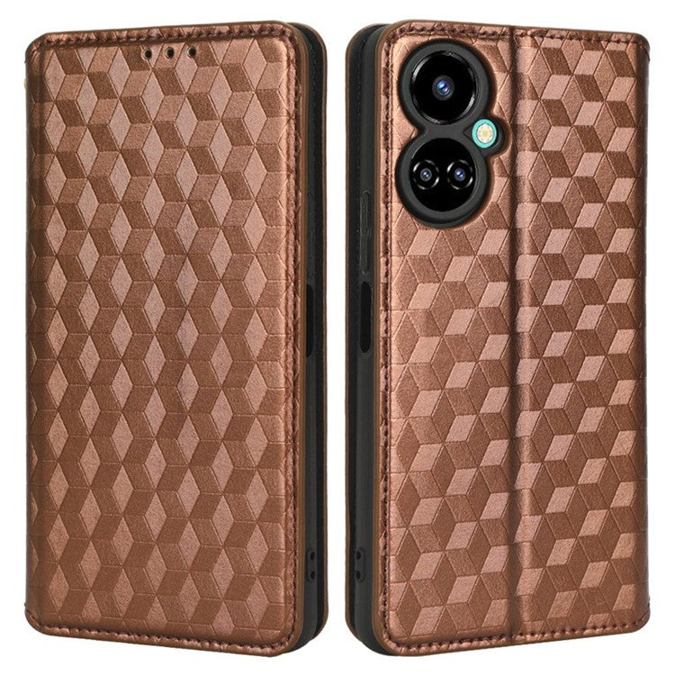 Flip Wallet Cover for TECNO Camon 19 Pro 4G / 5G, Impact Resistant PU Leather Stand Imprinting Rhombus Pattern Phone Case - Brown