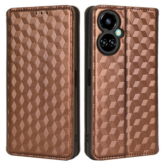 Flip Wallet Cover for TECNO Camon 19 Pro 4G / 5G, Impact Resistant PU Leather Stand Imprinting Rhombus Pattern Phone Case - Brown