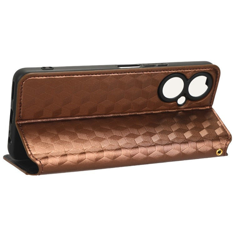 Flip Wallet Cover for TECNO Camon 19 Pro 4G / 5G, Impact Resistant PU Leather Stand Imprinting Rhombus Pattern Phone Case - Brown