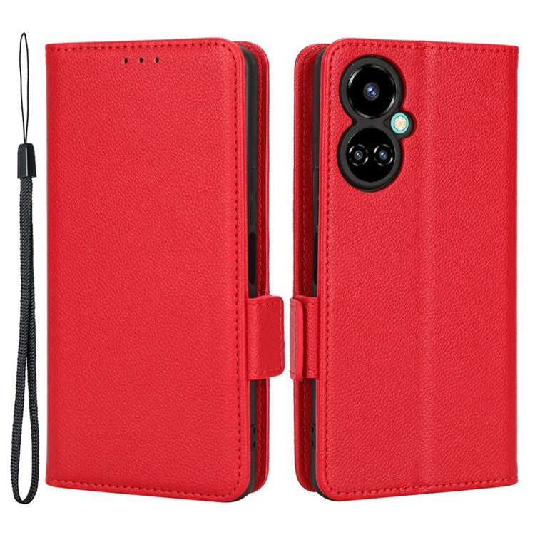Litchi Texture Phone Cover for TECNO Camon 19 4G, Bump Proof PU Leather Dual Magnetic Clasp Phone Wallet Stand Case - Red