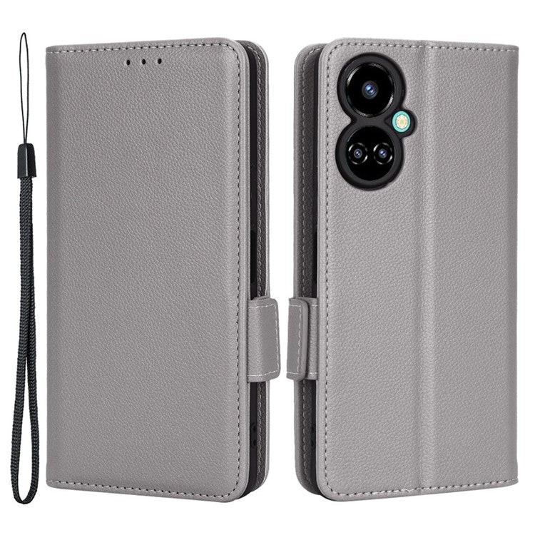 Litchi Texture Phone Cover for TECNO Camon 19 4G, Bump Proof PU Leather Dual Magnetic Clasp Phone Wallet Stand Case - Grey