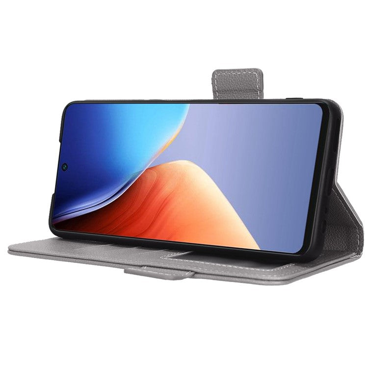 Litchi Texture Phone Cover for TECNO Camon 19 4G, Bump Proof PU Leather Dual Magnetic Clasp Phone Wallet Stand Case - Grey