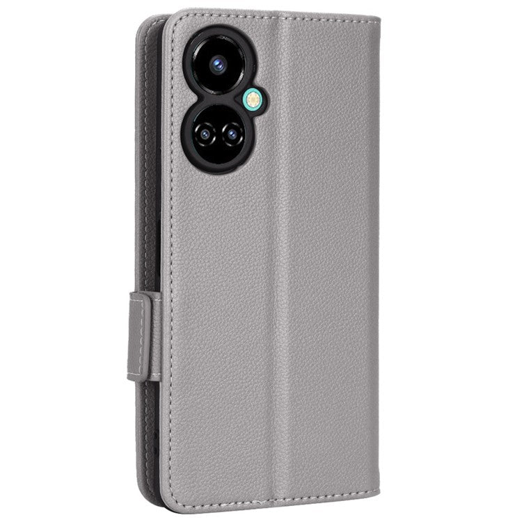 Litchi Texture Phone Cover for TECNO Camon 19 4G, Bump Proof PU Leather Dual Magnetic Clasp Phone Wallet Stand Case - Grey