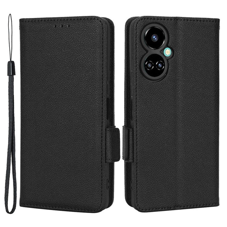 Litchi Texture Phone Cover for TECNO Camon 19 4G, Bump Proof PU Leather Dual Magnetic Clasp Phone Wallet Stand Case - Black