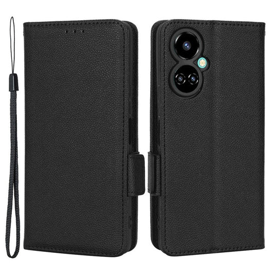 Litchi Texture Phone Cover for TECNO Camon 19 4G, Bump Proof PU Leather Dual Magnetic Clasp Phone Wallet Stand Case - Black