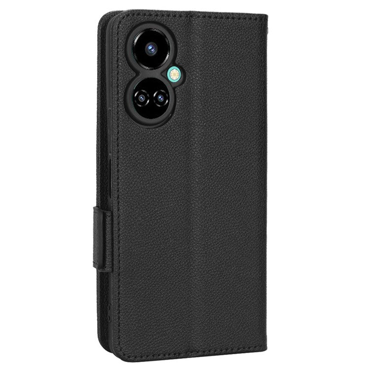 Litchi Texture Phone Cover for TECNO Camon 19 4G, Bump Proof PU Leather Dual Magnetic Clasp Phone Wallet Stand Case - Black