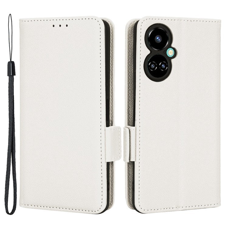 Litchi Texture Phone Cover for TECNO Camon 19 4G, Bump Proof PU Leather Dual Magnetic Clasp Phone Wallet Stand Case - White