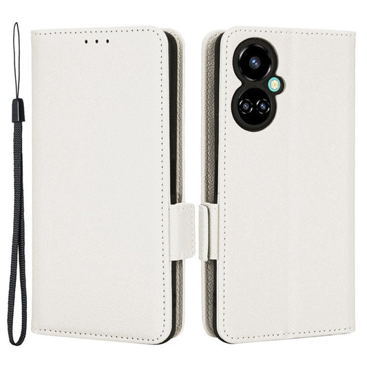 Litchi Texture Phone Cover for TECNO Camon 19 4G, Bump Proof PU Leather Dual Magnetic Clasp Phone Wallet Stand Case - White