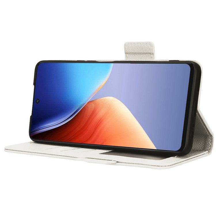 Litchi Texture Phone Cover for TECNO Camon 19 4G, Bump Proof PU Leather Dual Magnetic Clasp Phone Wallet Stand Case - White