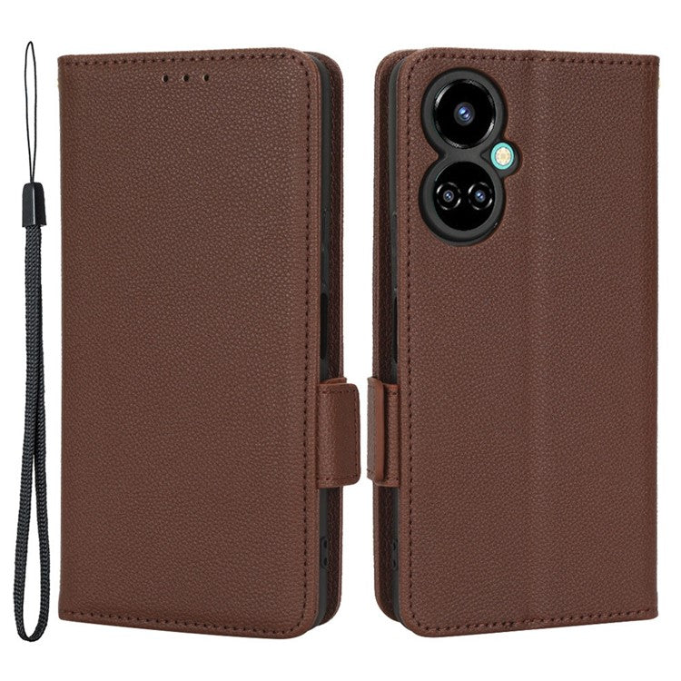 Litchi Texture Phone Cover for TECNO Camon 19 4G, Bump Proof PU Leather Dual Magnetic Clasp Phone Wallet Stand Case - Brown