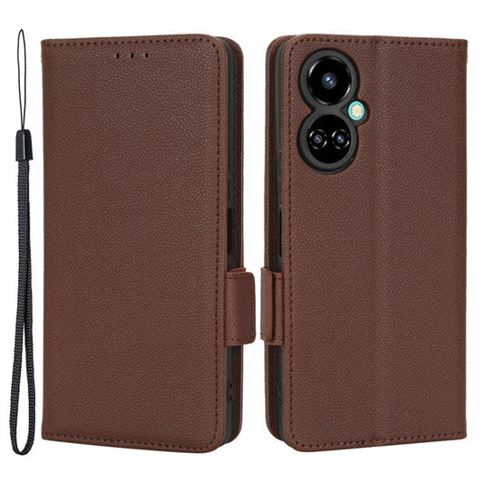 Litchi Texture Phone Cover for TECNO Camon 19 4G, Bump Proof PU Leather Dual Magnetic Clasp Phone Wallet Stand Case - Brown