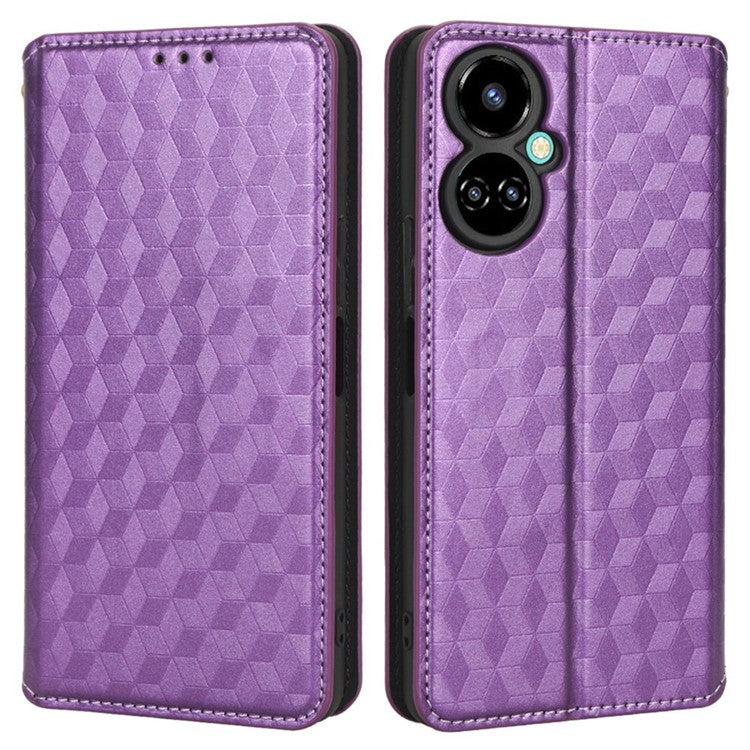 Flip Wallet Cover for TECNO Camon 19 4G, Full Coverage PU Leather Stand Imprinting Rhombus Pattern Phone Case - Purple
