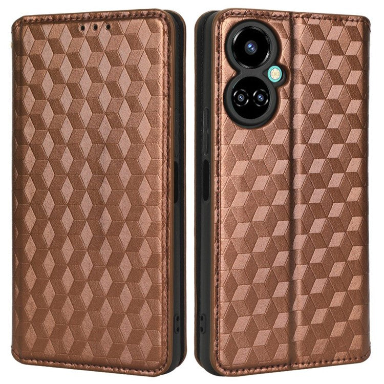 Flip Wallet Cover for TECNO Camon 19 4G, Full Coverage PU Leather Stand Imprinting Rhombus Pattern Phone Case - Brown