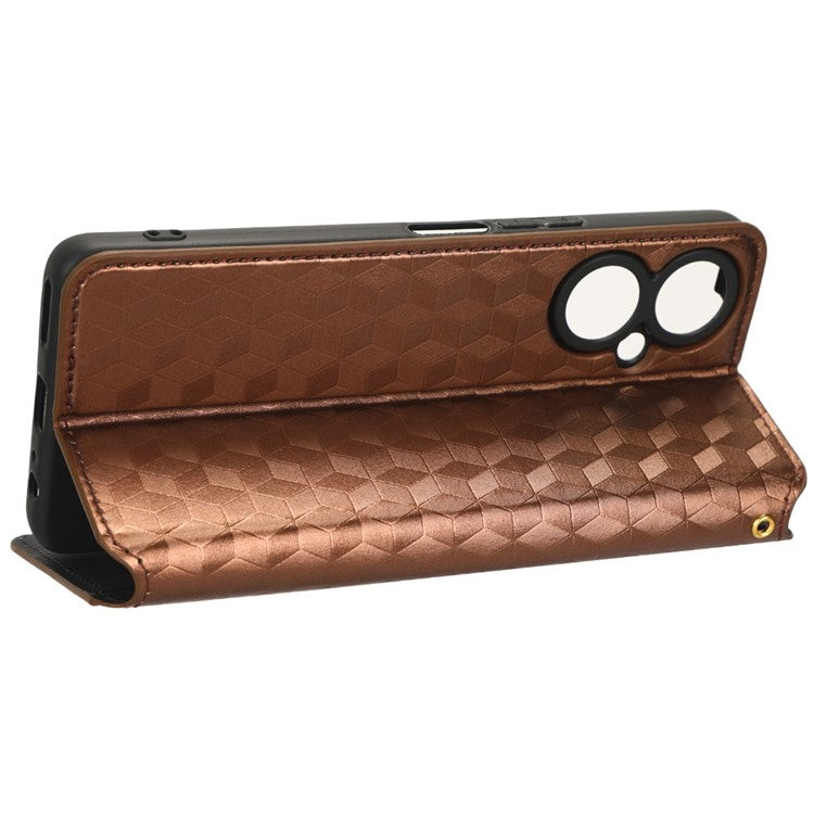 Flip Wallet Cover for TECNO Camon 19 4G, Full Coverage PU Leather Stand Imprinting Rhombus Pattern Phone Case - Brown