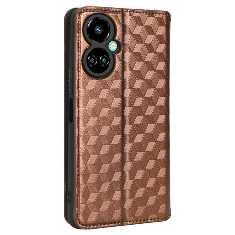 Flip Wallet Cover for TECNO Camon 19 4G, Full Coverage PU Leather Stand Imprinting Rhombus Pattern Phone Case - Brown