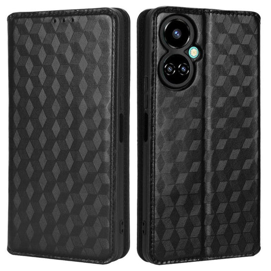 Flip Wallet Cover for TECNO Camon 19 4G, Full Coverage PU Leather Stand Imprinting Rhombus Pattern Phone Case - Black