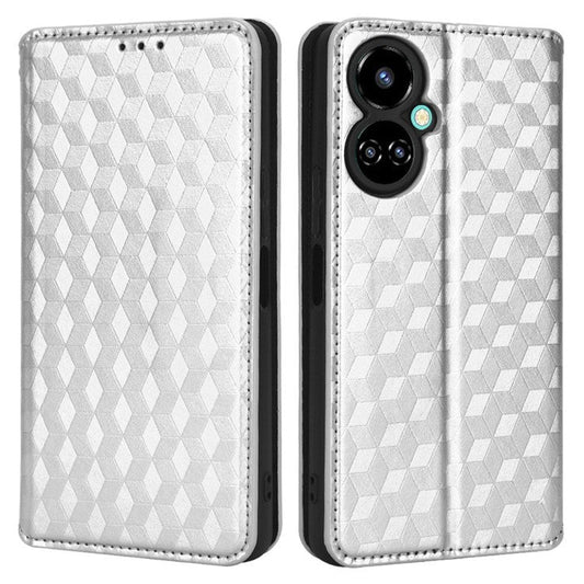 Flip Wallet Cover for TECNO Camon 19 4G, Full Coverage PU Leather Stand Imprinting Rhombus Pattern Phone Case - Silver