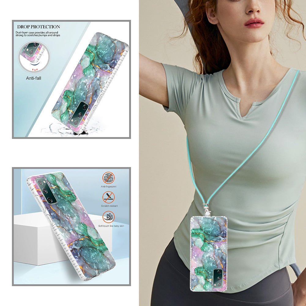 YB IMD Series-15 For Samsung Galaxy S20 FE 4G / FE 5G / S20 Lite / S20 FE 2022 5G Protective Case IMD IML Shockproof Cover 2.0mm Airbags Phone Case - BK011-Green Marble