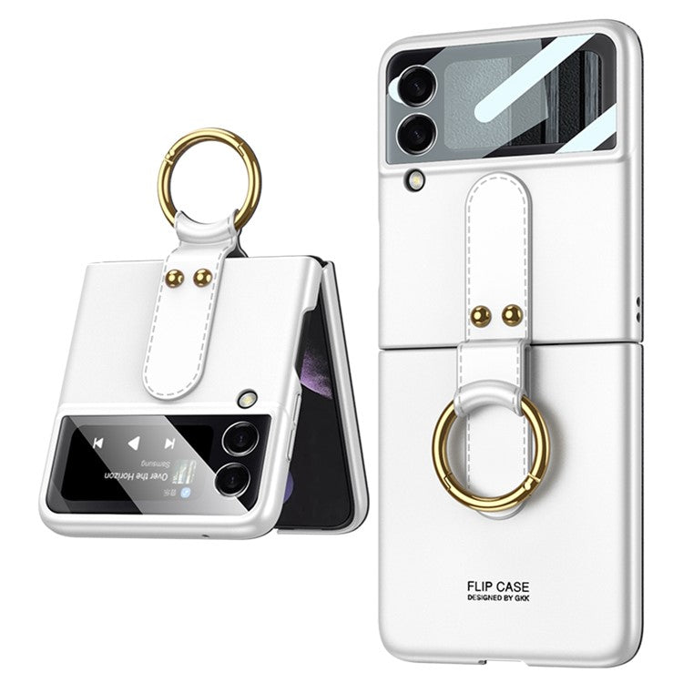 GKK For Samsung Galaxy Z Flip4 5G Ultra Slim Finger Ring Kickstand Design Hard PC Phone Case Cover with Small Screen Tempered Glass Protector - White