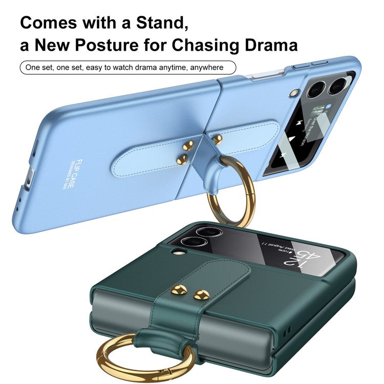 GKK For Samsung Galaxy Z Flip4 5G Ultra Slim Finger Ring Kickstand Design Hard PC Phone Case Cover with Small Screen Tempered Glass Protector - White