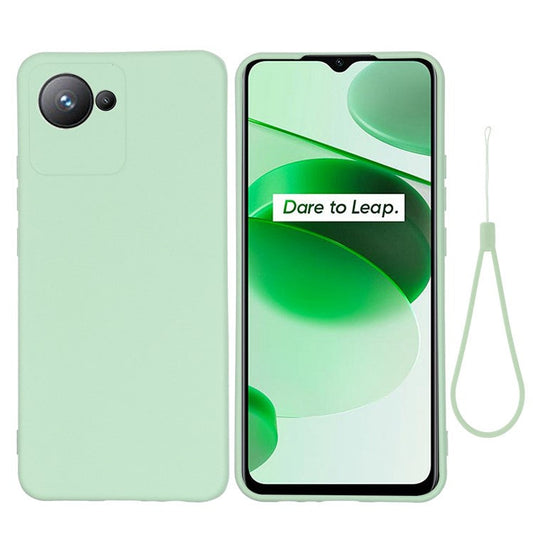 Liquid Silicone Phone Case for Realme C30 4G Shockproof Case Soft Microfiber Lining Anti-Drop Protective Cover with Strap - Green