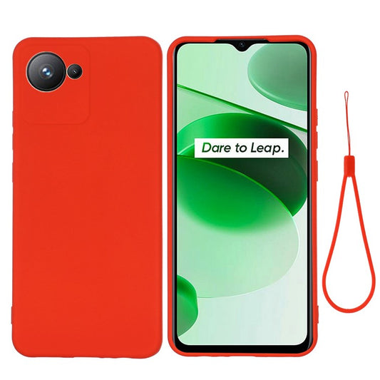 Liquid Silicone Phone Case for Realme C30 4G Shockproof Case Soft Microfiber Lining Anti-Drop Protective Cover with Strap - Red