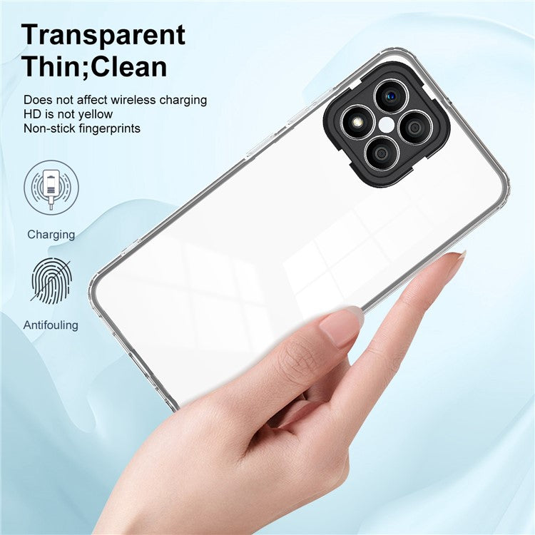 For Honor X8 4G 4G 3-in-1 Ultra Slim Transparent Phone Cover TPU Backplate + PC Frame + PC Camera Protection Drop-proof Phone Case - Black
