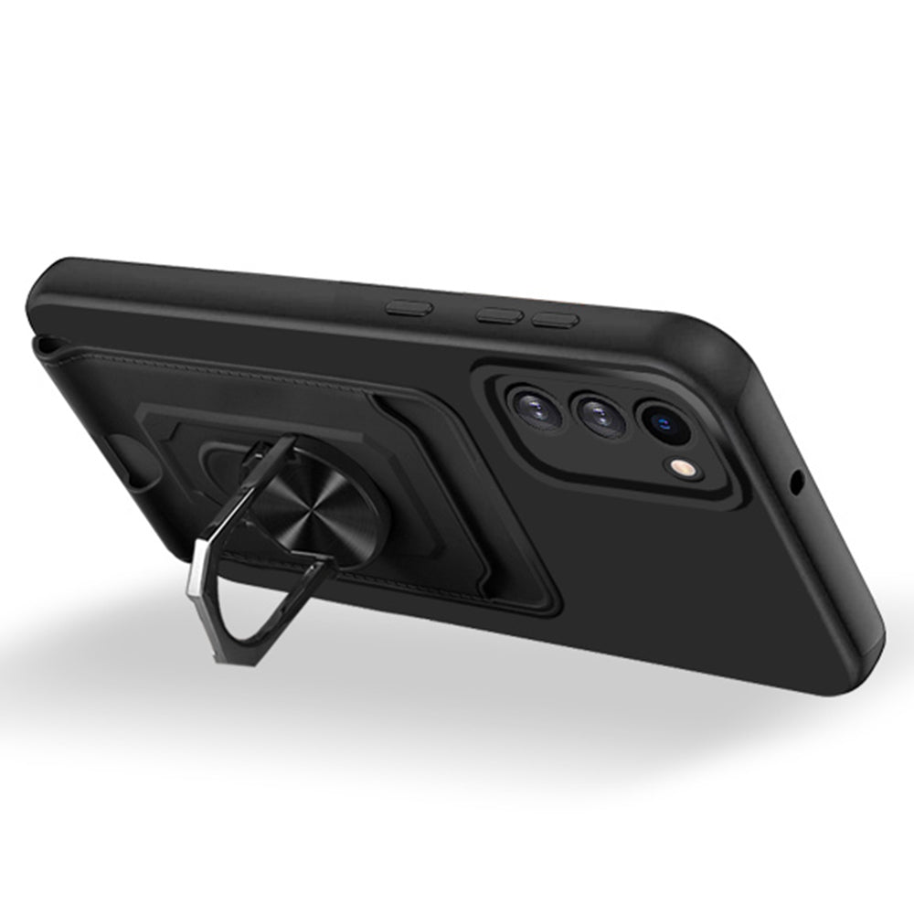 For Samsung Galaxy S20 FE 4G / 5G / S20 FE 2022 / S20 Lite Ultra Slim Phone Case Kickstand Multi-functional Ring Holder Back Cover with Card Slot and Lanyard - Black