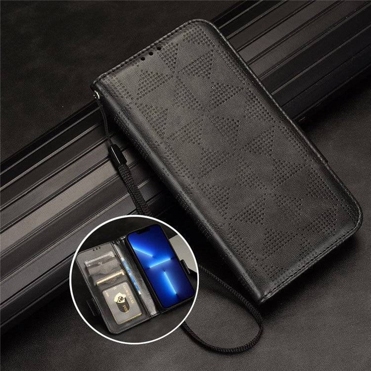 For OnePlus 10T 5G / Ace Pro 5G Triangle Pattern Imprinted Phone Case Foldable Stand Scratch-resistant PU Leather Wallet Cover with Strap - Black