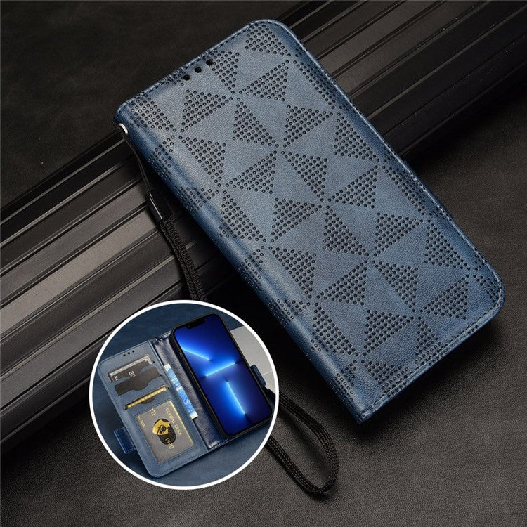 For OnePlus 10T 5G / Ace Pro 5G Triangle Pattern Imprinted Phone Case Foldable Stand Scratch-resistant PU Leather Wallet Cover with Strap - Blue