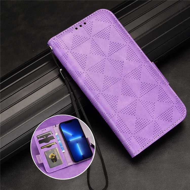 For OnePlus 10T 5G / Ace Pro 5G Triangle Pattern Imprinted Phone Case Foldable Stand Scratch-resistant PU Leather Wallet Cover with Strap - Purple