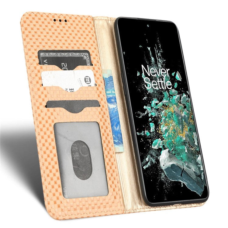 Phone Flip Wallet Cover for OnePlus 10T 5G / Ace Pro 5G, Grid Texture PU Leather Stand Case Magnetic Auto-absorbed Protective Shell - Beige