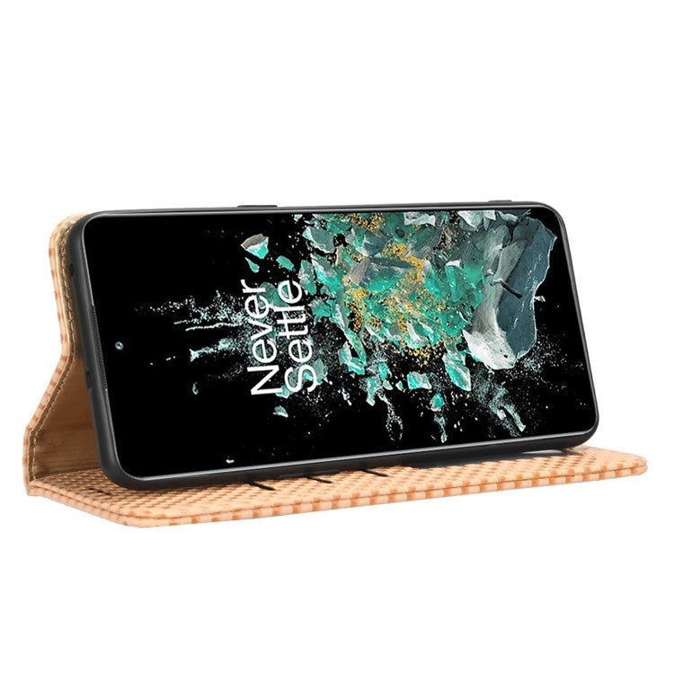 Phone Flip Wallet Cover for OnePlus 10T 5G / Ace Pro 5G, Grid Texture PU Leather Stand Case Magnetic Auto-absorbed Protective Shell - Beige