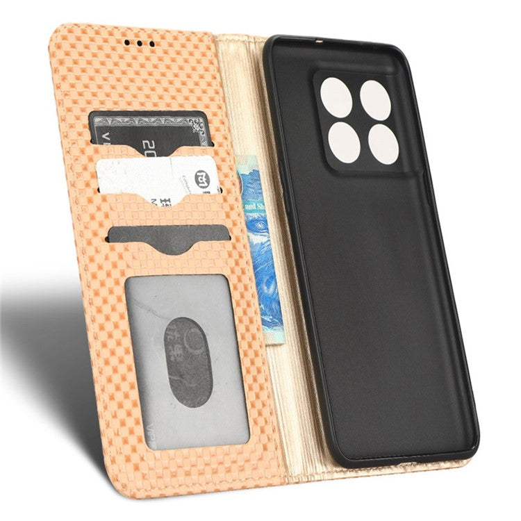 Phone Flip Wallet Cover for OnePlus 10T 5G / Ace Pro 5G, Grid Texture PU Leather Stand Case Magnetic Auto-absorbed Protective Shell - Beige