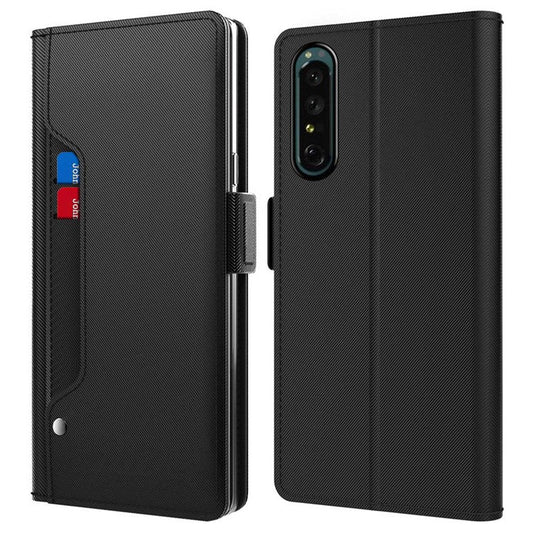 For Sony Xperia 1 II Stand Card Holder Folio Flip Phone Case Anti-fall PU Leather+TPU Magnetic Cover with Makeup Mirror - Black
