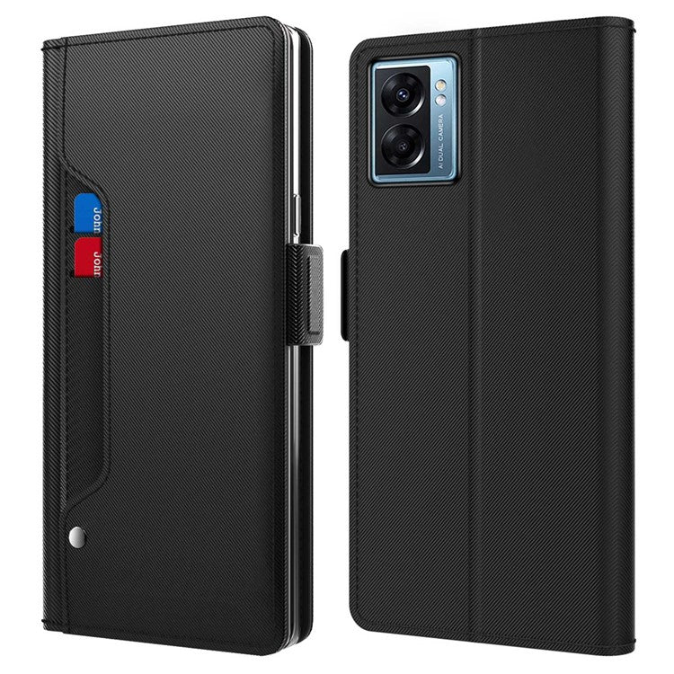 PU Leather Case for Oppo A77 5G / A57 (2022) 5G, Mirror Function Magnetic Clasp Phone Cover with Card Slots and Stand - Black