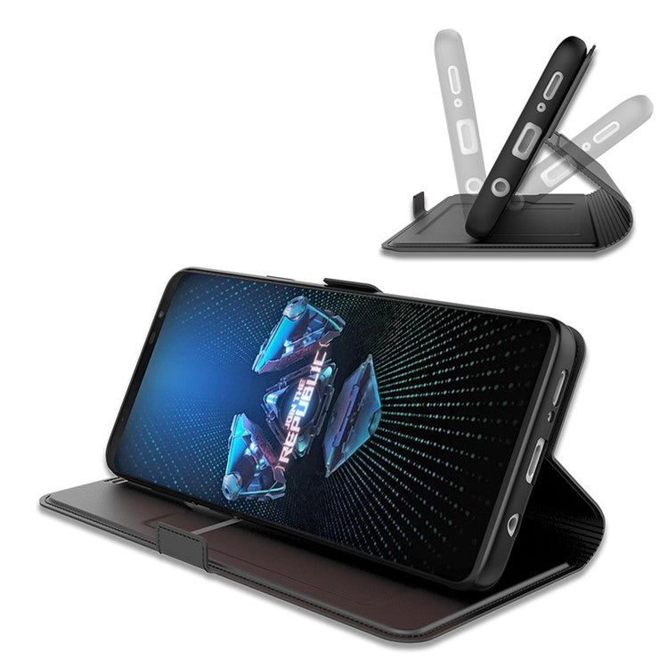 For Asus ROG Phone 5 PU Leather Case Viewing Stand Card Holder Slot Magnetic Closure Flip Cover - Black