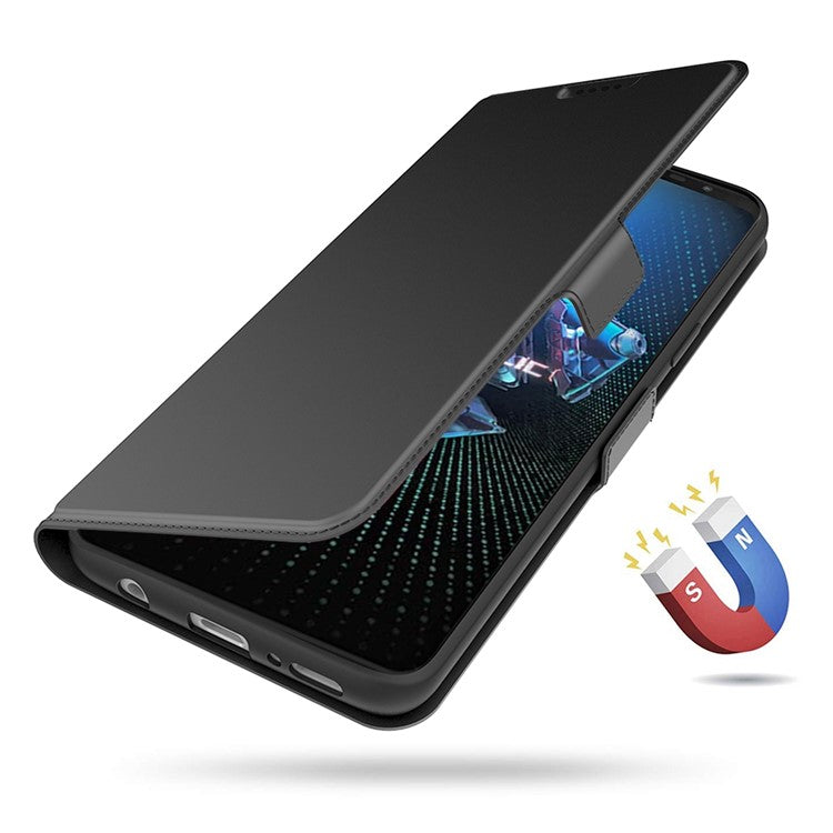 For Asus ROG Phone 5 PU Leather Case Viewing Stand Card Holder Slot Magnetic Closure Flip Cover - Black