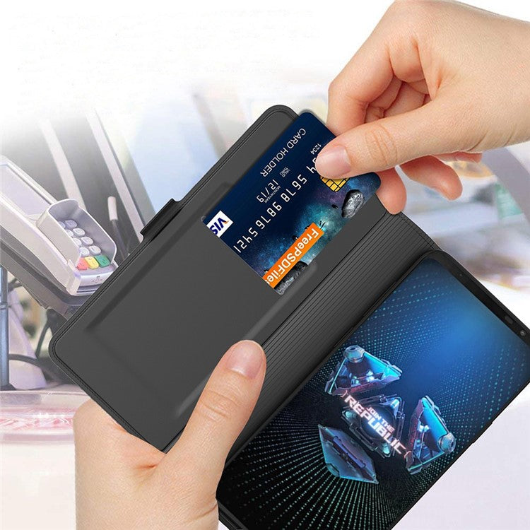 For Asus ROG Phone 5 PU Leather Case Viewing Stand Card Holder Slot Magnetic Closure Flip Cover - Black