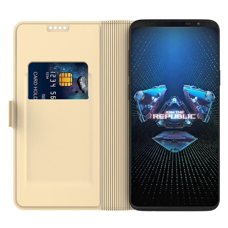 For Asus ROG Phone 5 PU Leather Case Viewing Stand Card Holder Slot Magnetic Closure Flip Cover - Gold