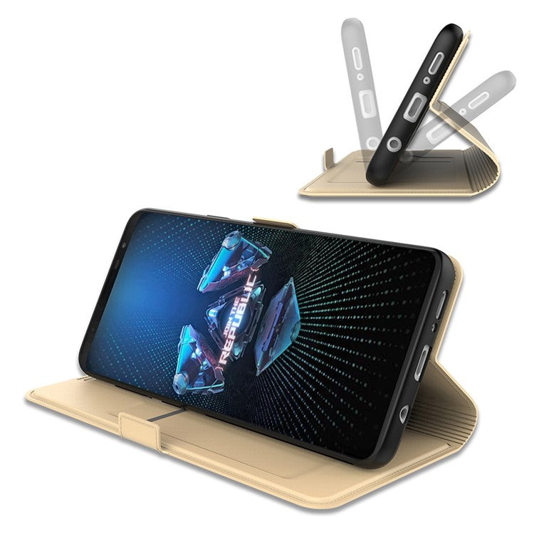 For Asus ROG Phone 5 PU Leather Case Viewing Stand Card Holder Slot Magnetic Closure Flip Cover - Gold