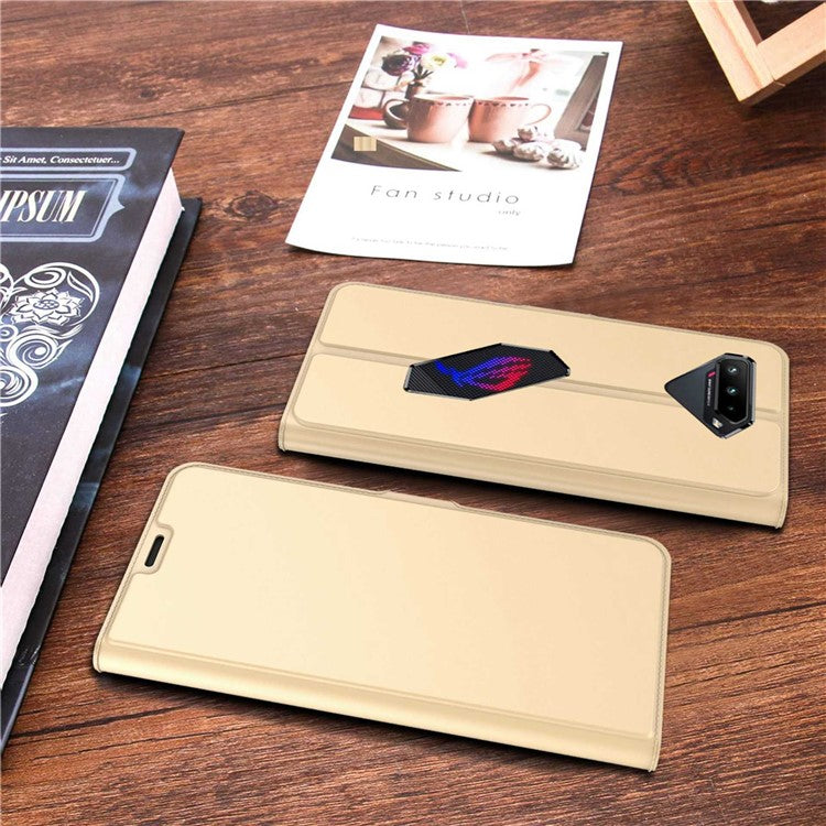 For Asus ROG Phone 5 PU Leather Case Viewing Stand Card Holder Slot Magnetic Closure Flip Cover - Gold