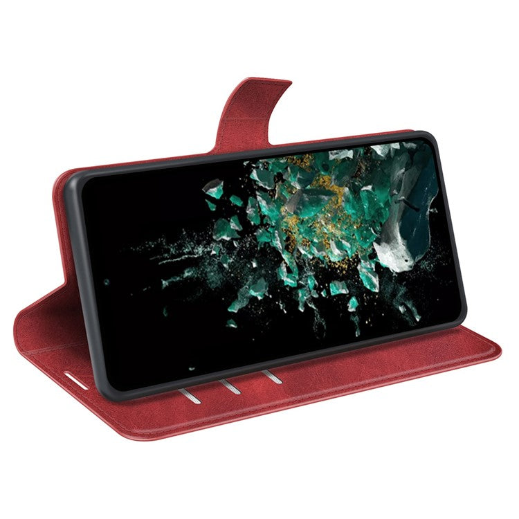 For OnePlus Ace Pro 5G / 10T 5G Square Magnetic Clasp Folio Flip Textured PU Leather Cover Inner TPU Phone Case with Wallet Stand - Red