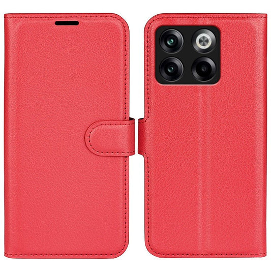 For OnePlus Ace Pro 5G / 10T 5G Litchi Texture Folio Flip Phone Case PU Leather Wallet Stand Protective Cover - Red