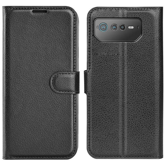 For Asus ROG Phone 6 5G Anti-wear Litchi Texture Flip Phone Case Well-protected PU Leather Wallet Stand Feature Cover - Black
