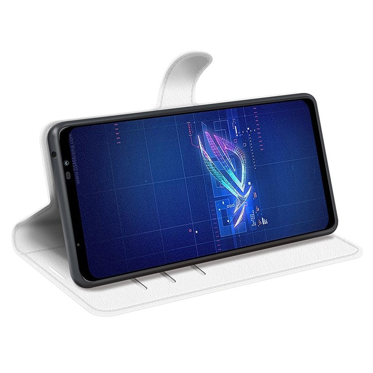 For Asus ROG Phone 6 5G Anti-wear Litchi Texture Flip Phone Case Well-protected PU Leather Wallet Stand Feature Cover - White