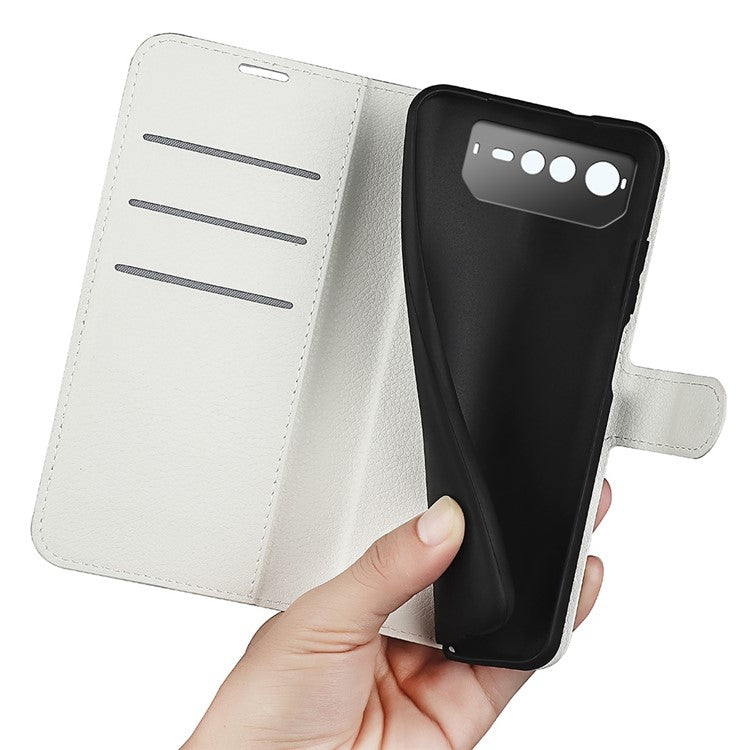 For Asus ROG Phone 6 5G Anti-wear Litchi Texture Flip Phone Case Well-protected PU Leather Wallet Stand Feature Cover - White