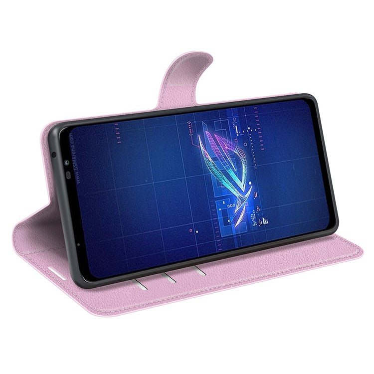 For Asus ROG Phone 6 5G Anti-wear Litchi Texture Flip Phone Case Well-protected PU Leather Wallet Stand Feature Cover - Pink