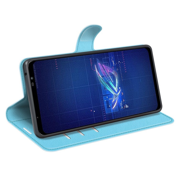 For Asus ROG Phone 6 5G Anti-wear Litchi Texture Flip Phone Case Well-protected PU Leather Wallet Stand Feature Cover - Blue